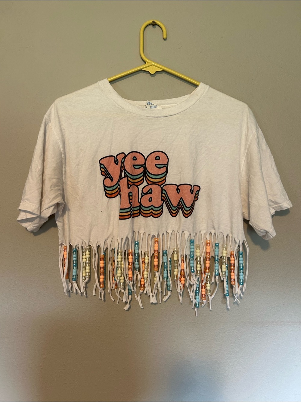 Womens White 'Yee Haw' Beaded Fringe Tee